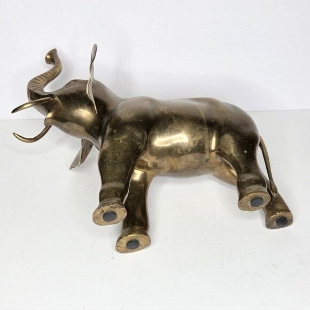 Vintage Mid Century Solid Brass Elephant Figurine Trunks Up Good Luck Decor 13" - Picture 5 of 11